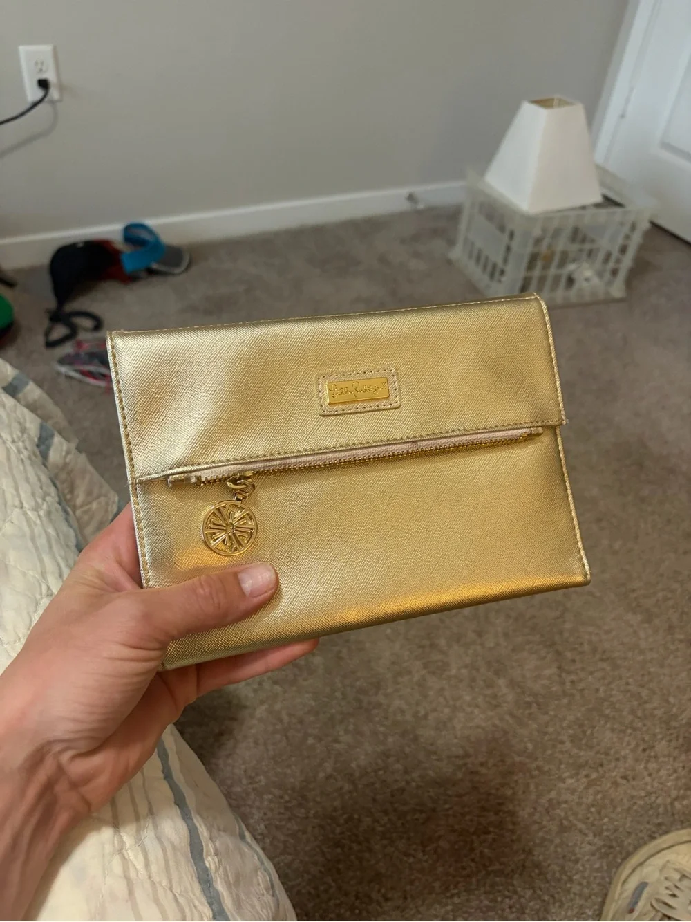 Lilly Pulitzer Women's Vegan Leather Gold Clutch Purse, Travel Wallet